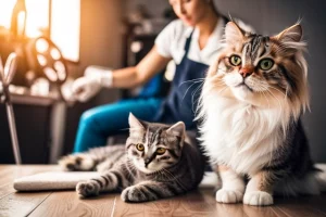 A cute cat with soft, fluffy fur being pampered and groomed by a professional groomer in a professional grooming service salon