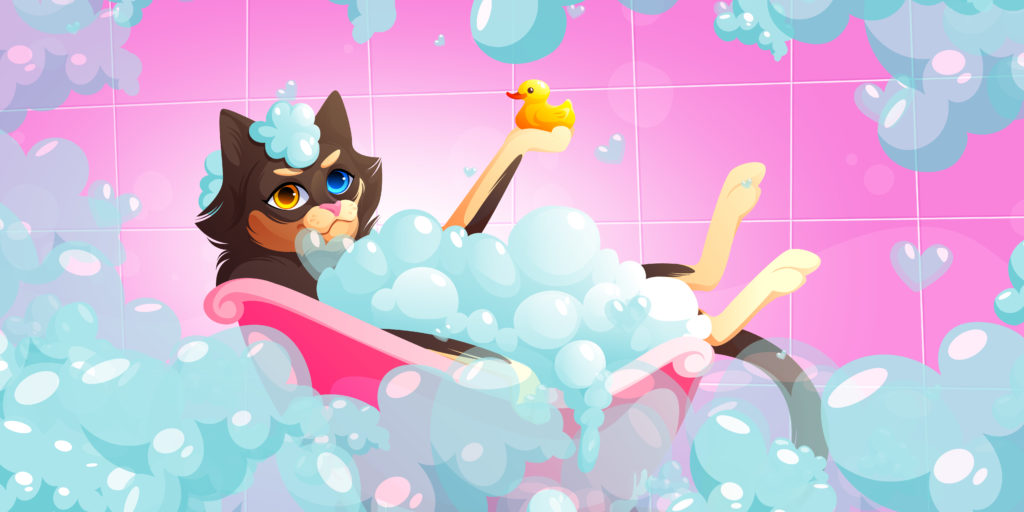 Cat wash in bathtub in pet grooming salon cartoon illustration