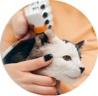 Illustration of a few drops of ear cleaning solution being gently squeezed into the opening of a cat's ear canal.