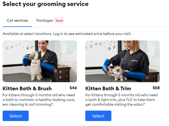 PetSmart Cat Grooming service package page